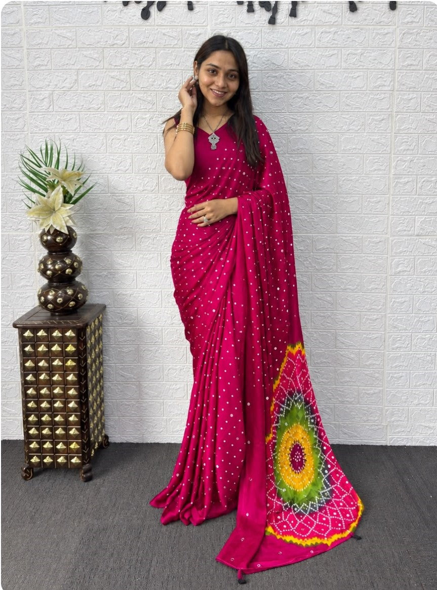 Rani Pink Bandhej And Mandala Print Silk Saree