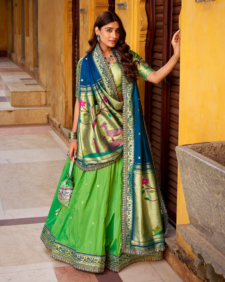 Designer Parrot Green Soft Paithani Silk Lehenga Choli