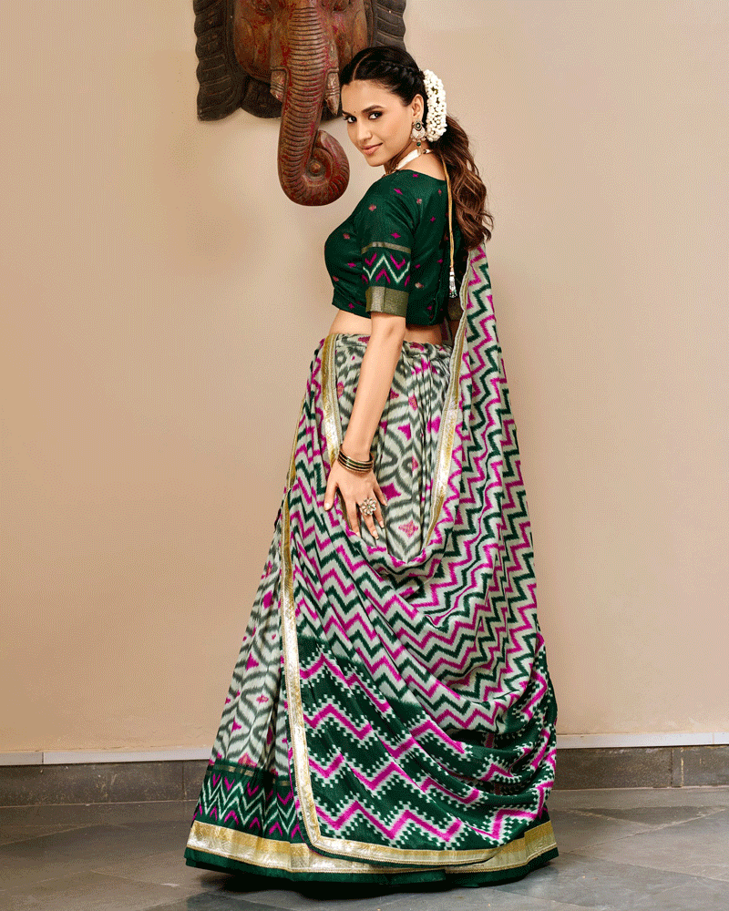 Elegant Green Color Tasar Silk Printed Lehenga Choli
