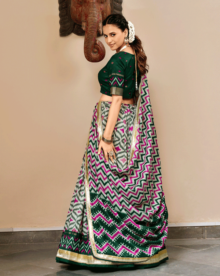 Elegant Green Color Tasar Silk Printed Lehenga Choli