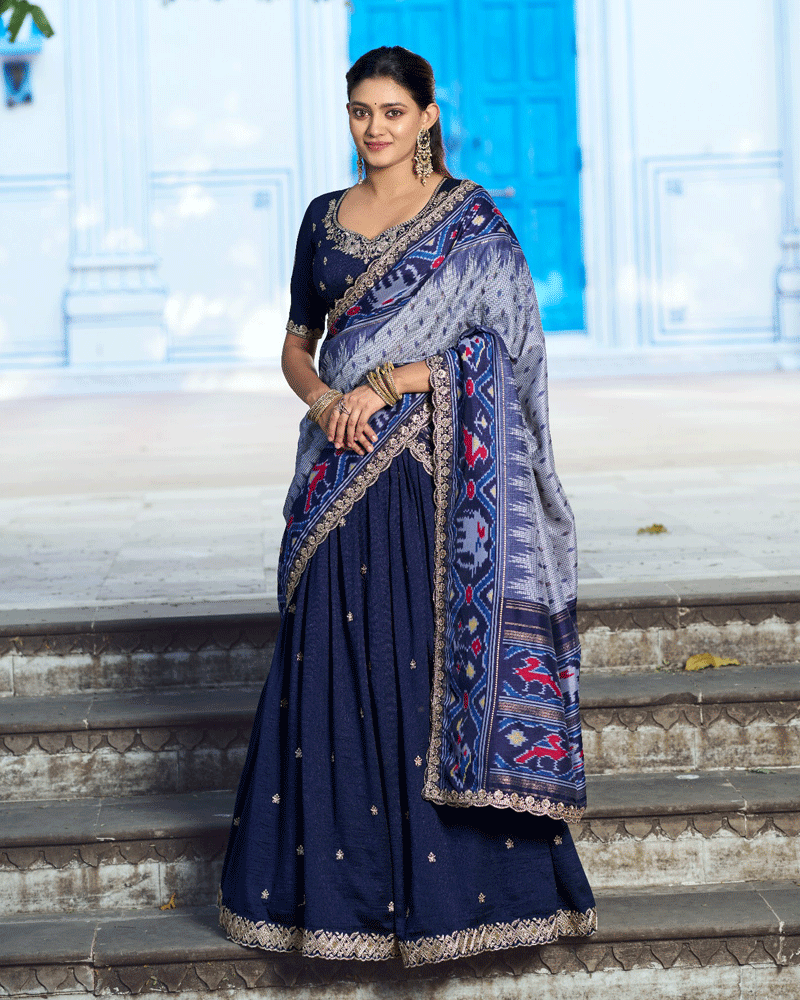 Ethnic Navy Blue Color Vichitra Silk Embroidered Lehenga Choli