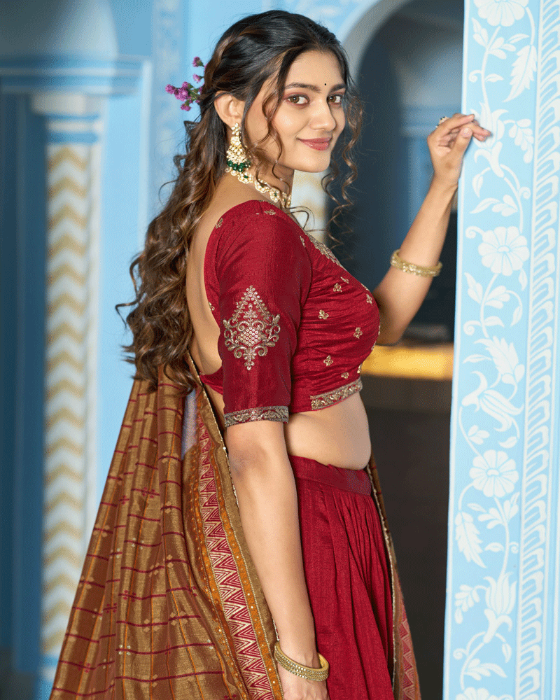 Maroon Designer Embroidered Silk Lehenga Choli