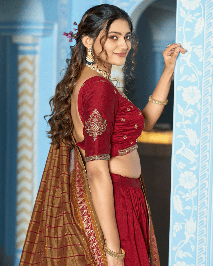 Maroon Designer Embroidered Silk Lehenga Choli