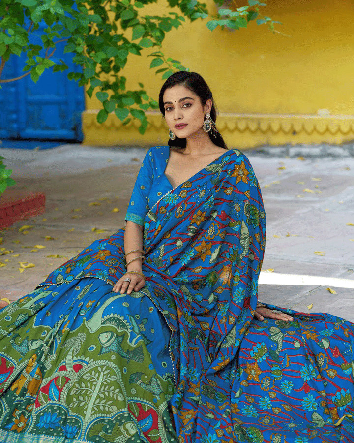 Firozi Color Tasar Silk Printed Lehenga Choli
