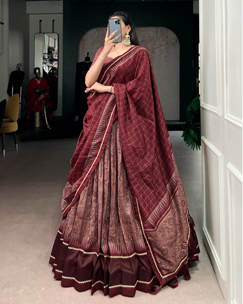 Maroon Color Kalamkari Printed Flared Lehenga Choli Set