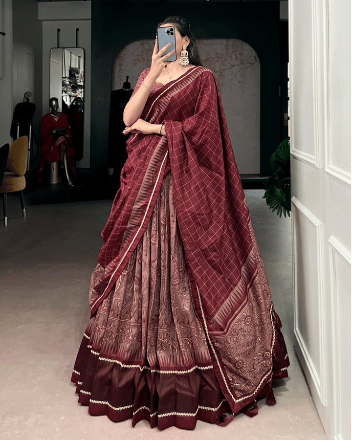Maroon Color Kalamkari Printed Flared Lehenga Choli Set