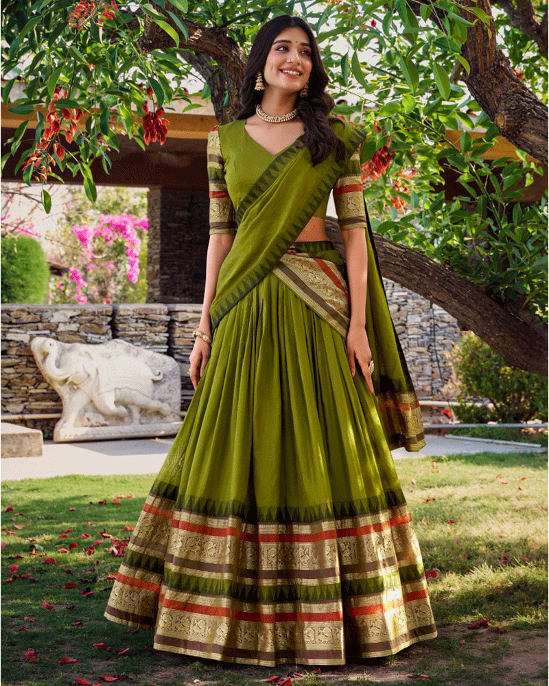 Traditional Mehndi Color Pure Chanderi Lehenga Choli