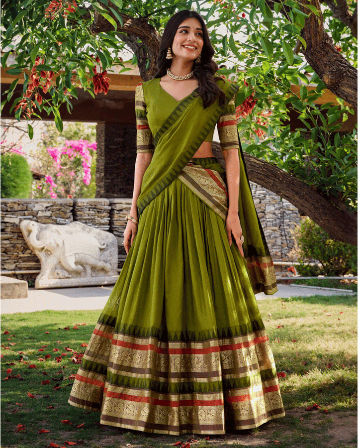 Traditional Mehndi Color Pure Chanderi Lehenga Choli