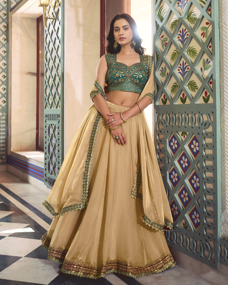 Champagne Beige Lehenga With Green Embroidered Choli Set