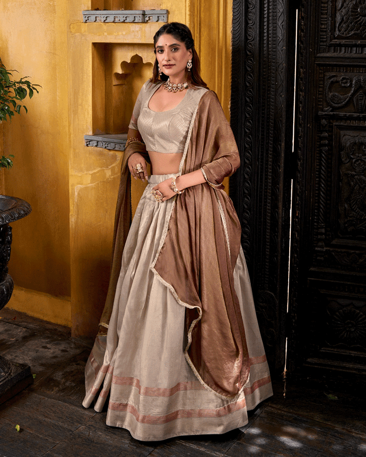 Graceful Cream Color Dupion Silk Half Saree