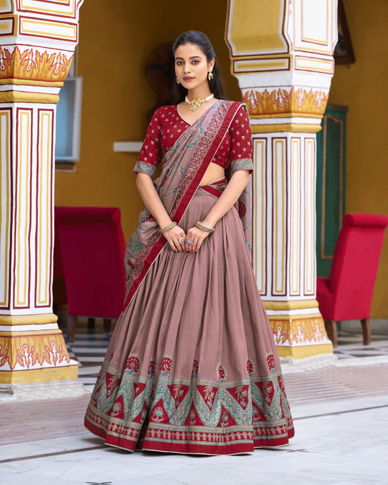 Designer Maroon Color Tasar Silk Printed Lehenga Choli