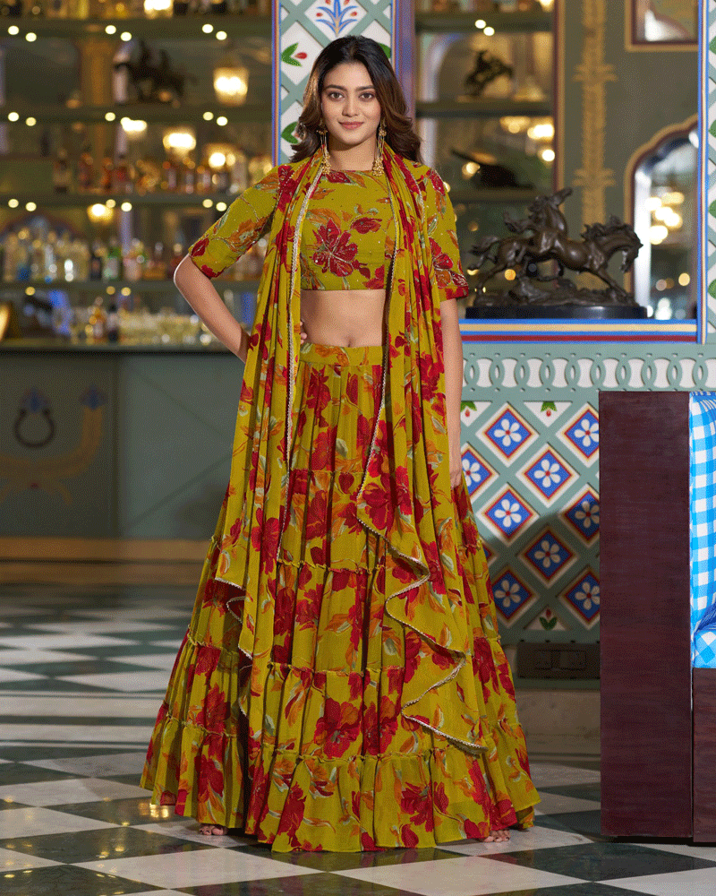 Designer Olive Yellow Floral Printed Marble Lehenga Choli