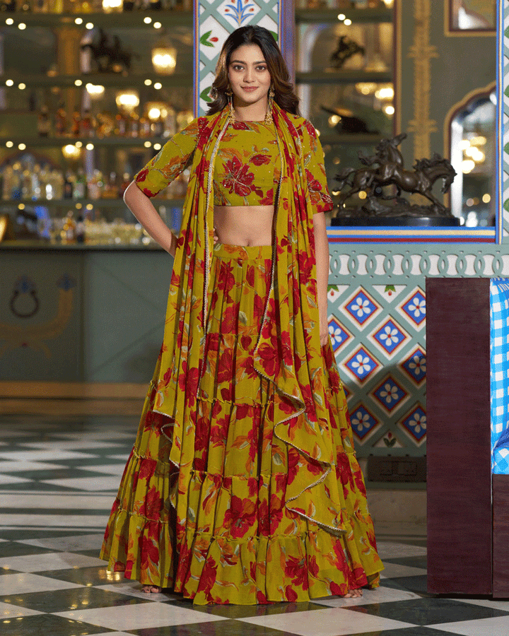 Designer Olive Yellow Floral Printed Marble Lehenga Choli