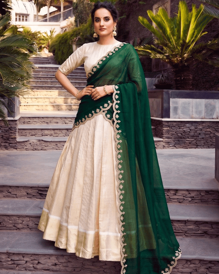 Green Color Crafted Jacquard Chex Half Saree