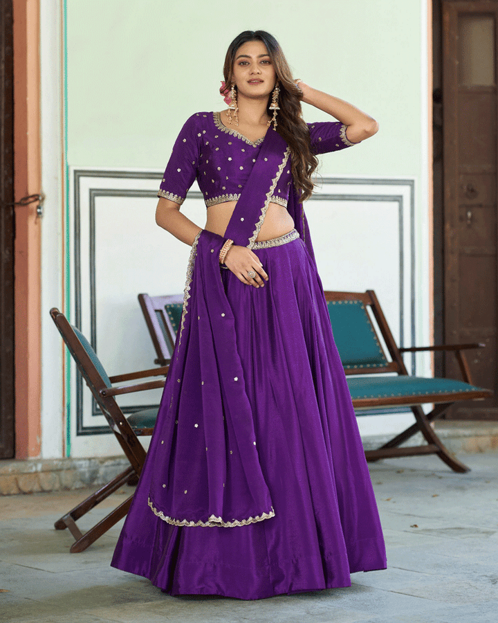 Purple Color Chinon Silk Embroidered Glamorous Lehenga Choli