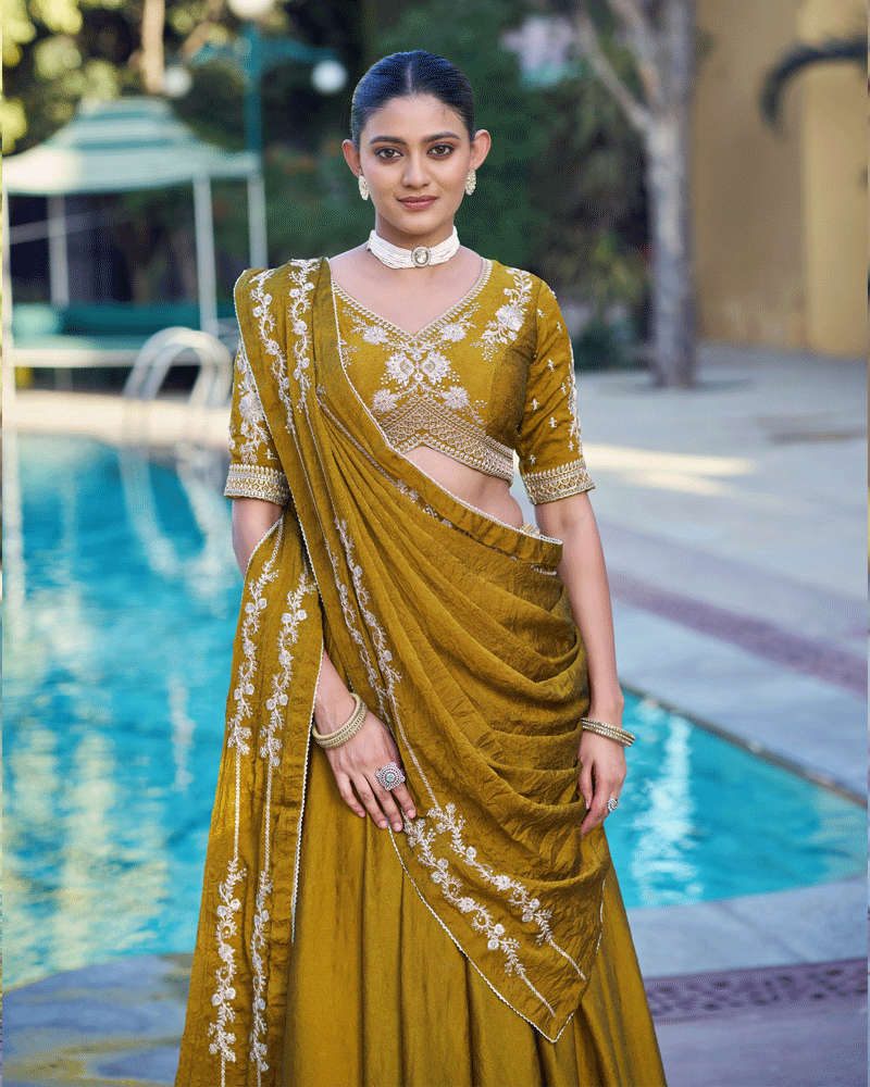 Embellished Mustard Color Rangoli Crush Lehenga Choli