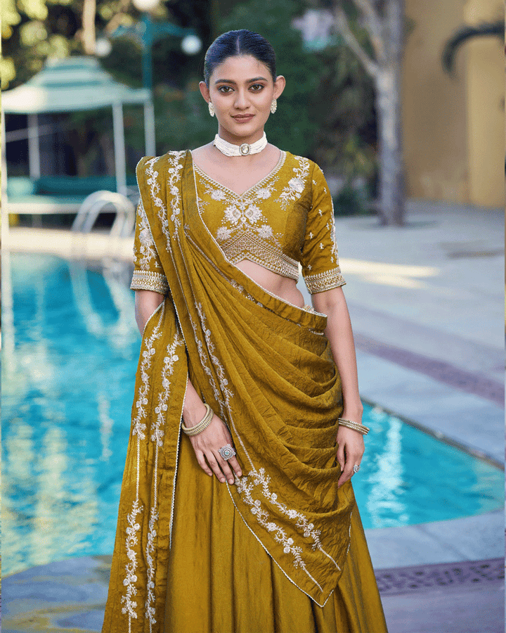 Embellished Mustard Color Rangoli Crush Lehenga Choli