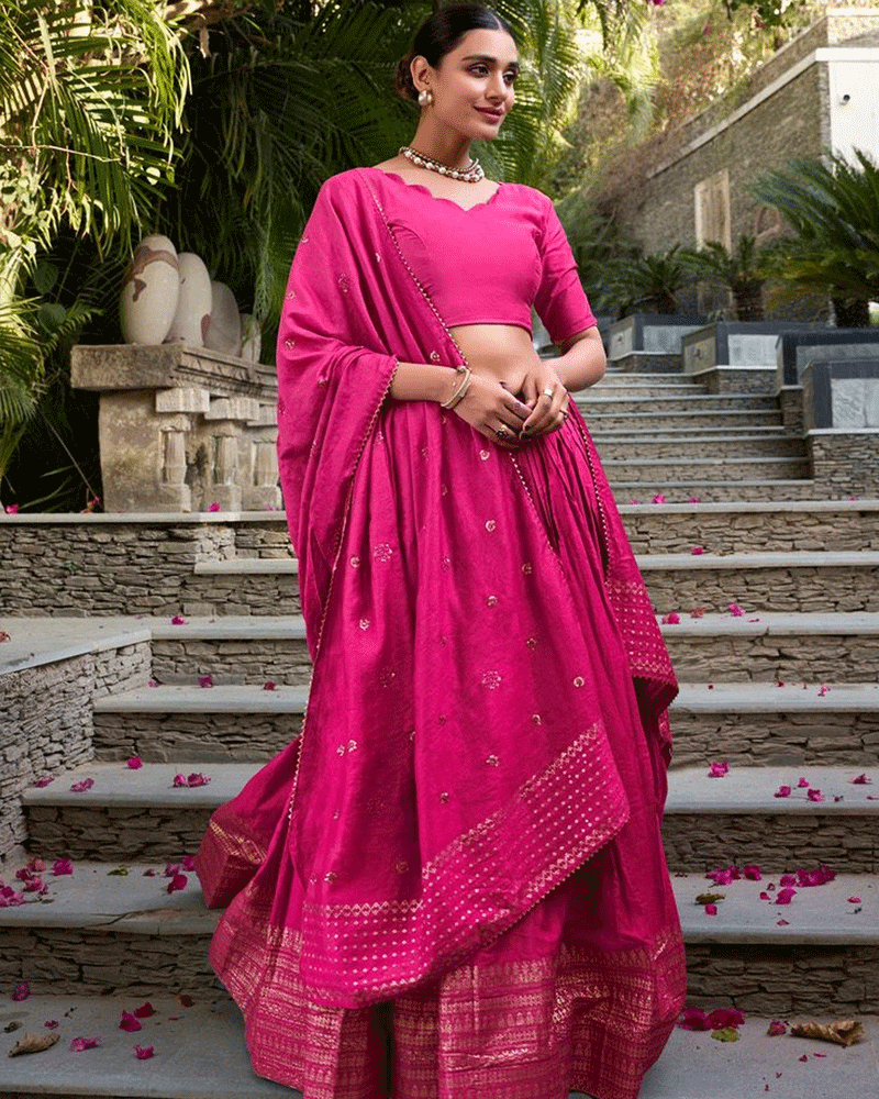 Vibrant Pink Color Pure Chanderi Lehenga Choli