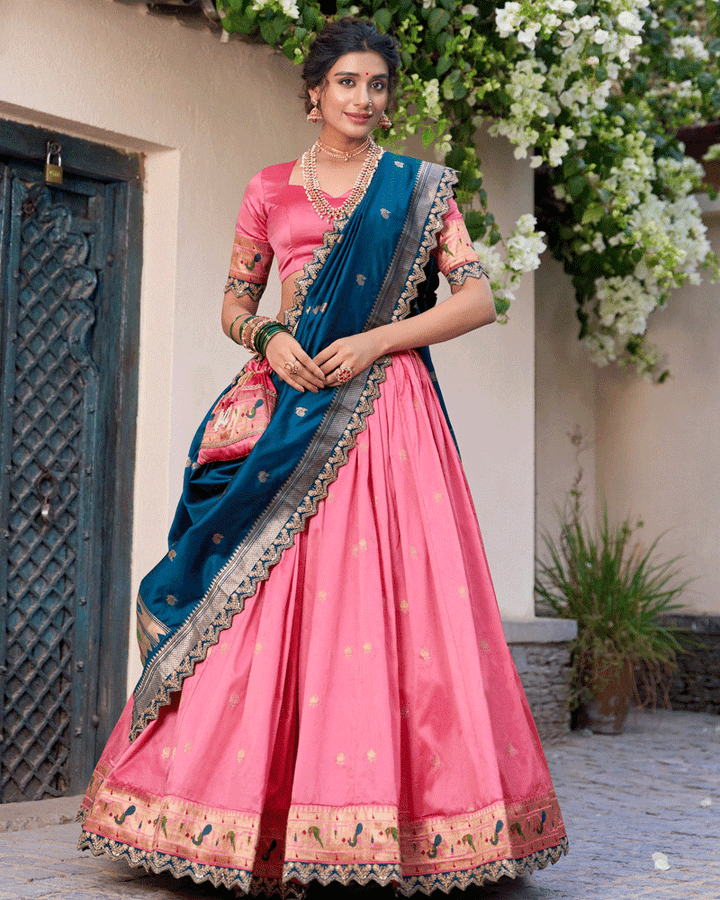 Light Pink Embroidered Jacquard Paithani Silk Lehenga Choli