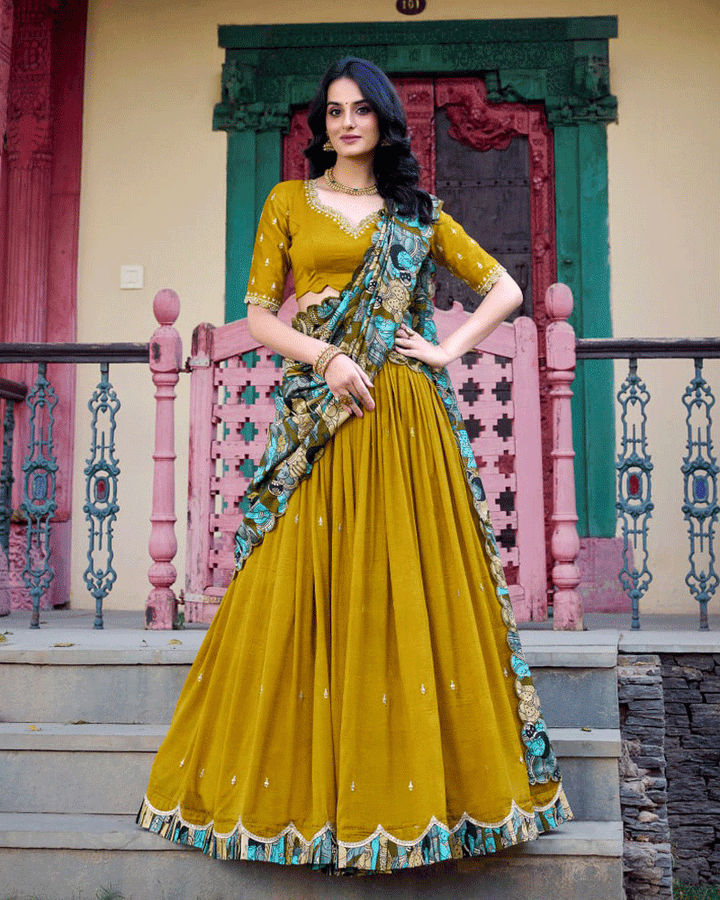 Mustard Vichitra Silk Embroidered Lehenga Choli Set