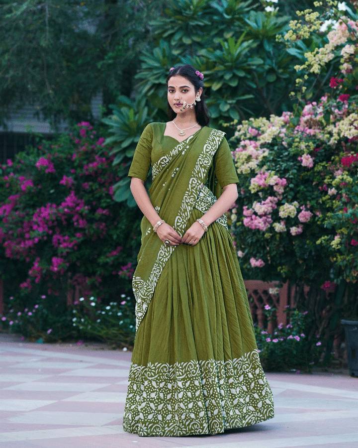 Green Color Cotton Chanderi Traditional Lehenga Set