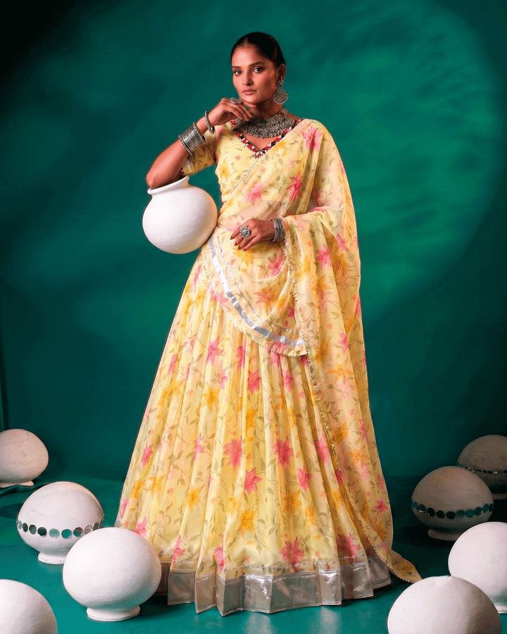 Yellow Color Floral Printed Designer Lehenga Set