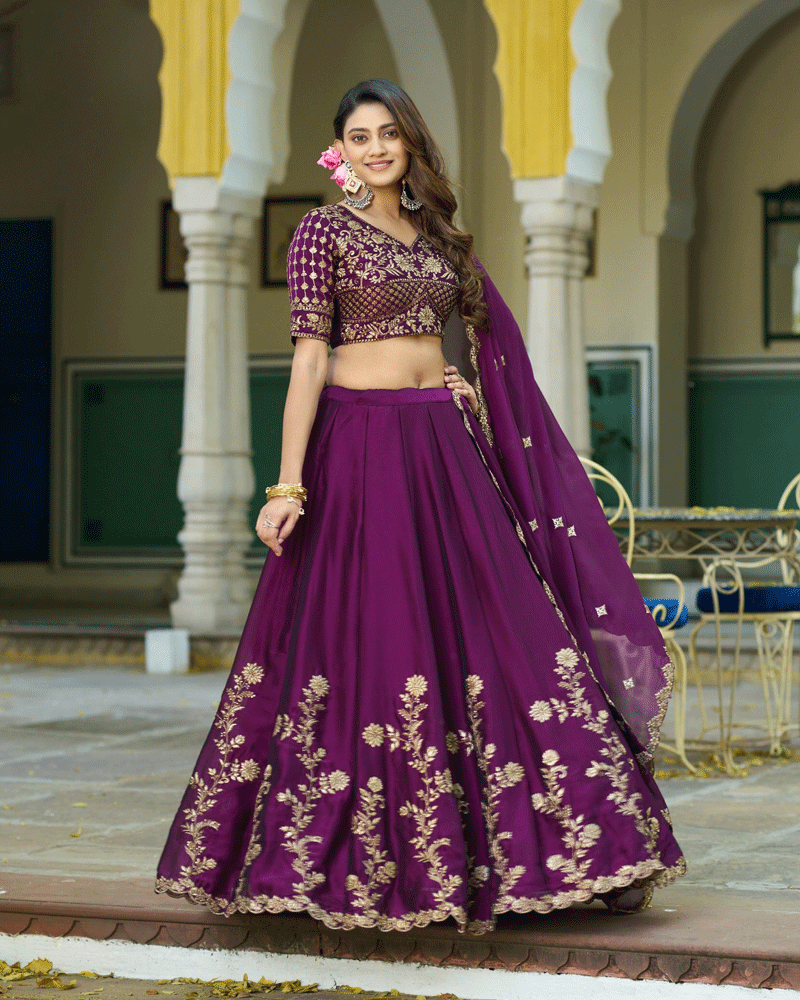 Wine Floral Embroidered Rangoli Silk Lehenga Choli
