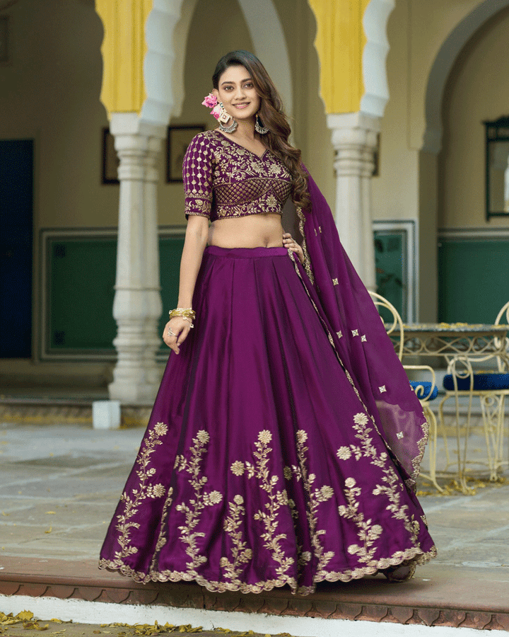 Wine Floral Embroidered Rangoli Silk Lehenga Choli