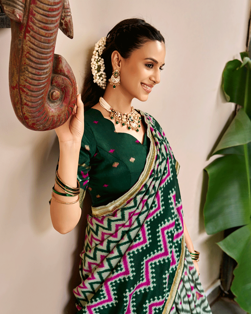 Elegant Green Color Tasar Silk Printed Lehenga Choli