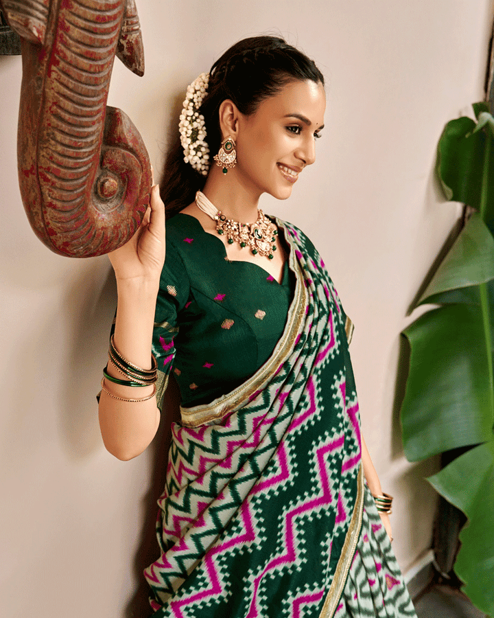 Elegant Green Color Tasar Silk Printed Lehenga Choli