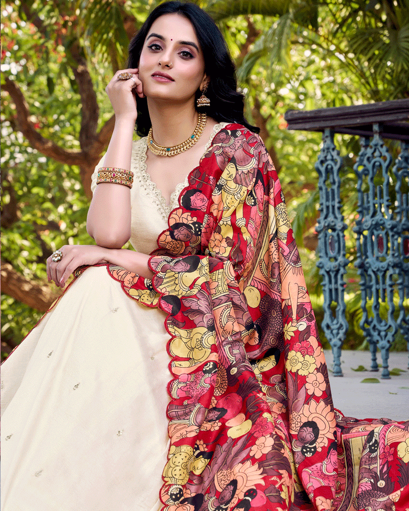 Off-White Vichitra Silk Embroidered Lehenga Choli Set