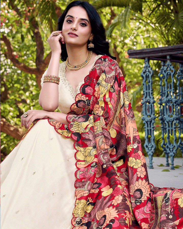 Off-White Vichitra Silk Embroidered Lehenga Choli Set