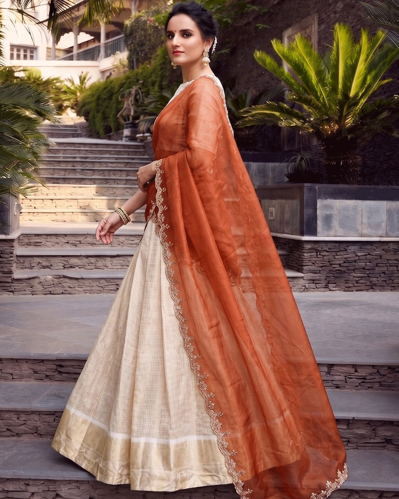 Orange Color Crafted Jacquard Chex Half Saree