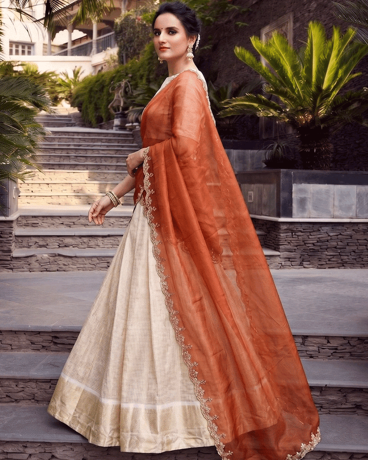 Orange Color Crafted Jacquard Chex Half Saree