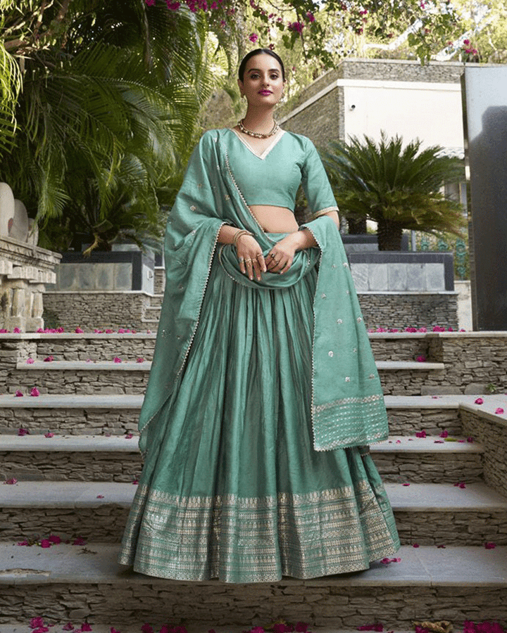 Beautiful Sea Green Color Pure Chanderi Lehenga Choli