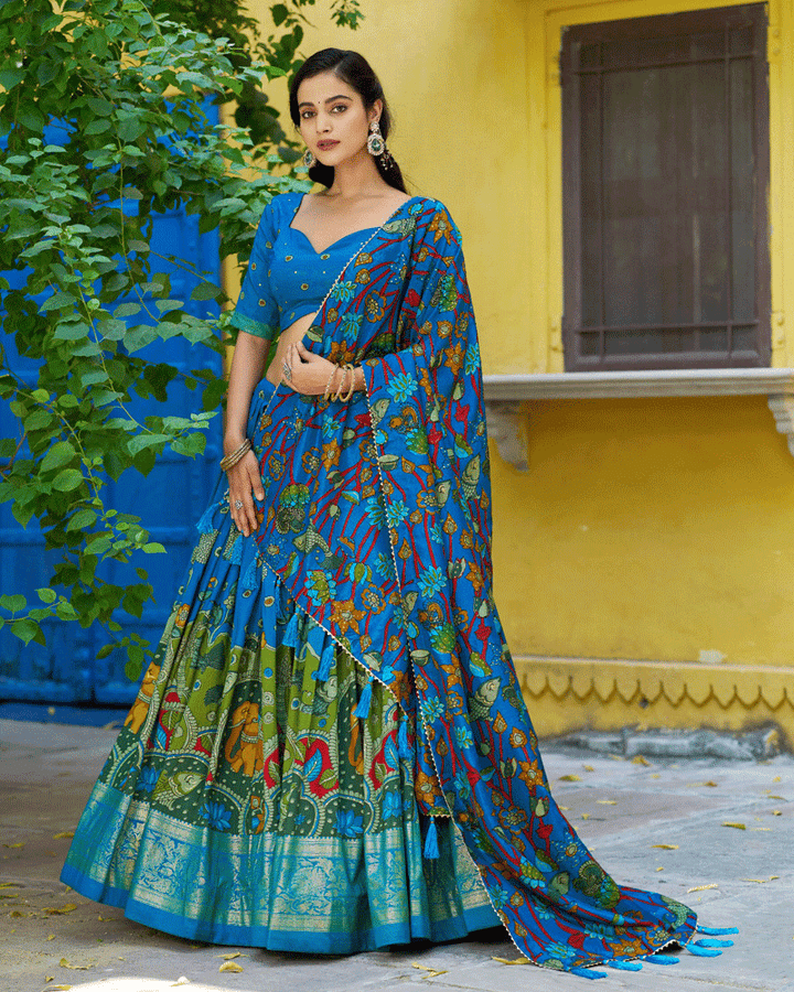 Firozi Color Tasar Silk Printed Lehenga Choli