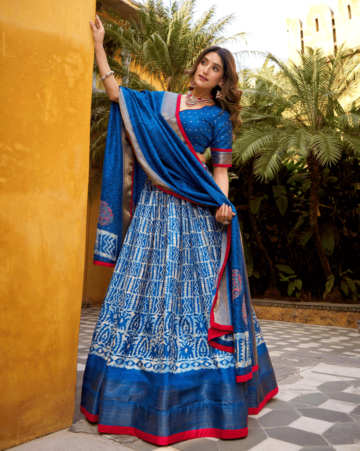 Blue Color Ethnic Batik Printed Lehenga Set