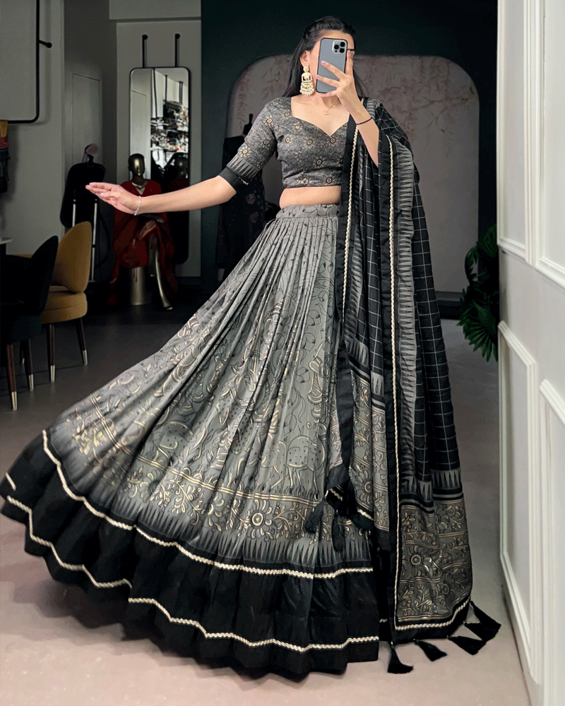 Grey Color Kalamkari Printed Flared Lehenga Choli Set