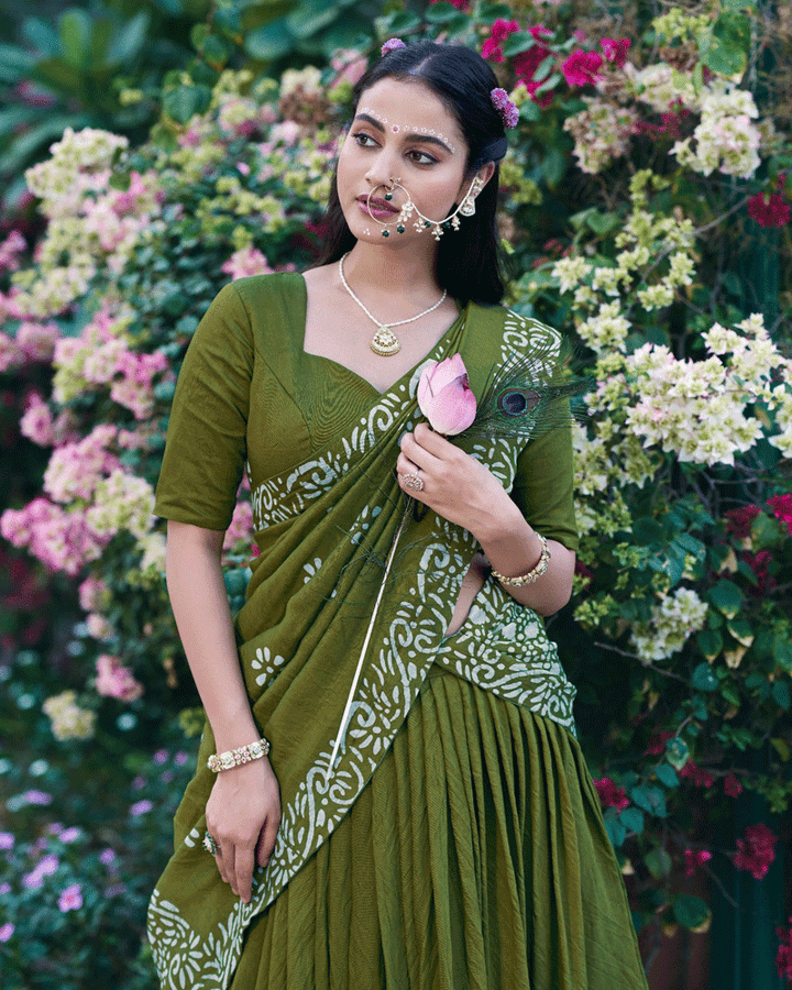 Green Color Cotton Chanderi Traditional Lehenga Set