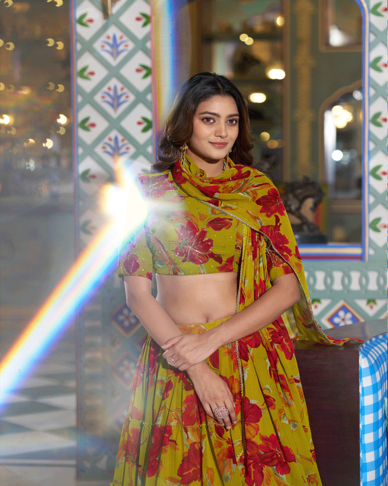 Designer Olive Yellow Floral Printed Marble Lehenga Choli