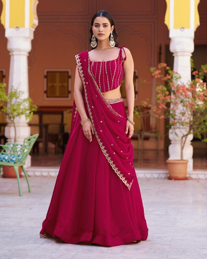 Rani Pink Color Embroidered Embellished Lehenga Choli