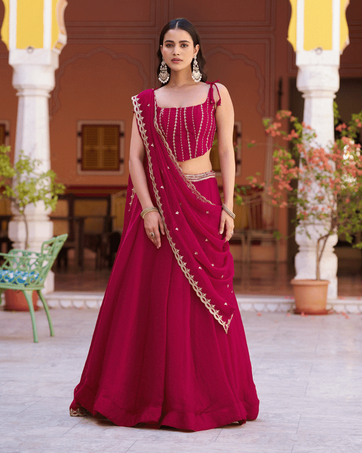 Rani Pink Color Embroidered Embellished Lehenga Choli