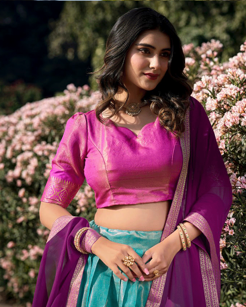 Designer Sky Blue Kanchipuram Half Saree