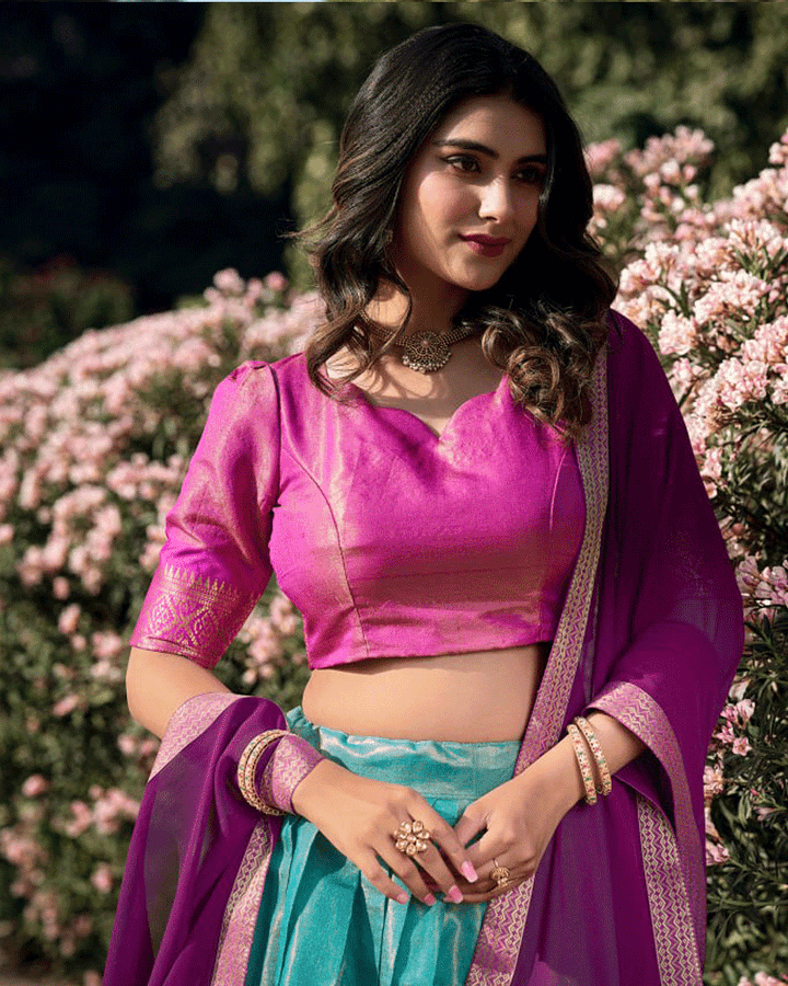 Designer Sky Blue Kanchipuram Half Saree