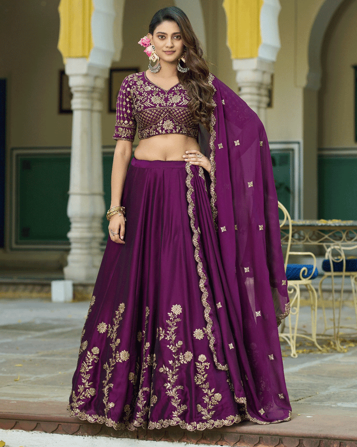 Wine Floral Embroidered Rangoli Silk Lehenga Choli