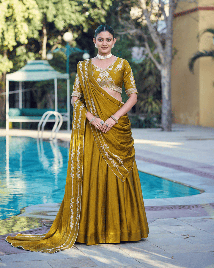 Embellished Mustard Color Rangoli Crush Lehenga Choli