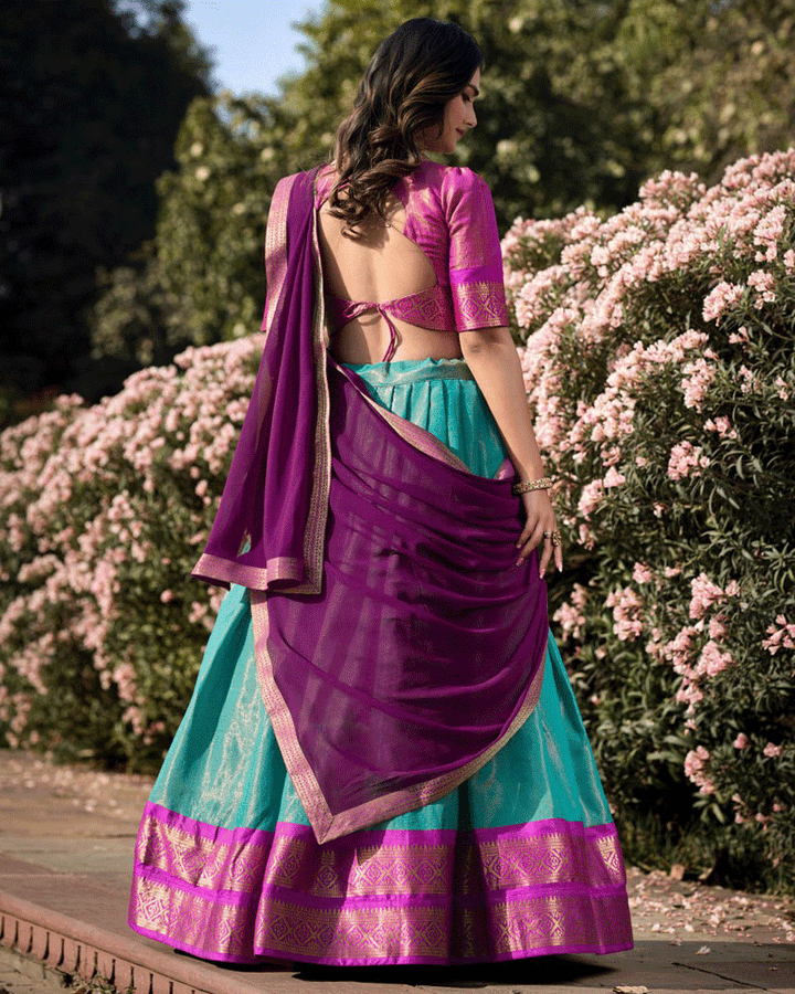 Designer Sky Blue Kanchipuram Half Saree