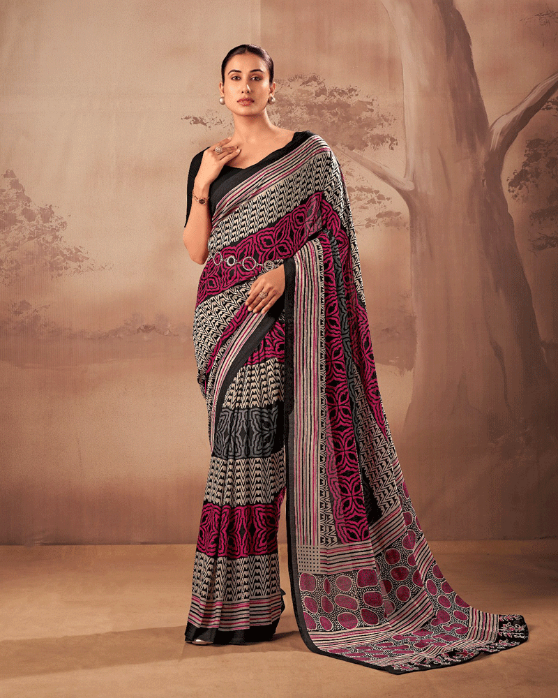 Designer Black Color Geometric Printed Saree