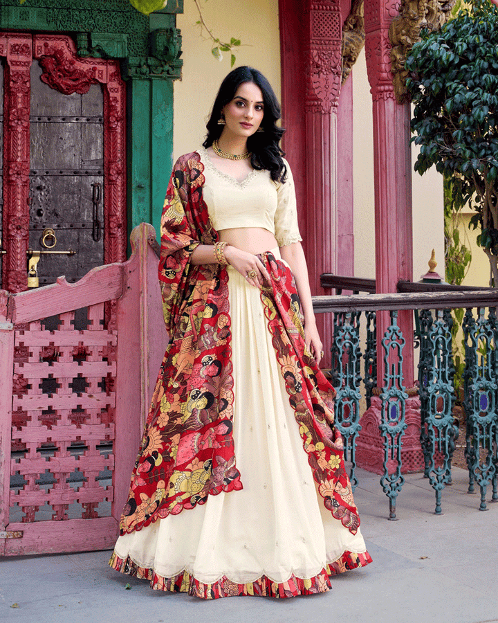 Off-White Vichitra Silk Embroidered Lehenga Choli Set