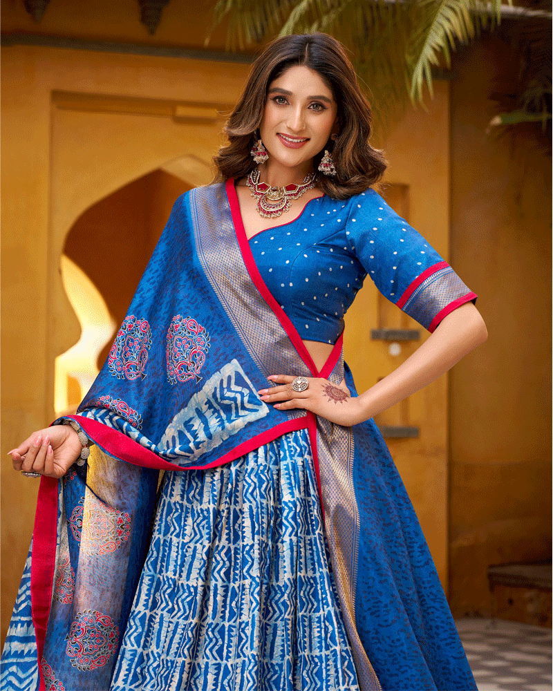 Blue Color Ethnic Batik Printed Lehenga Set